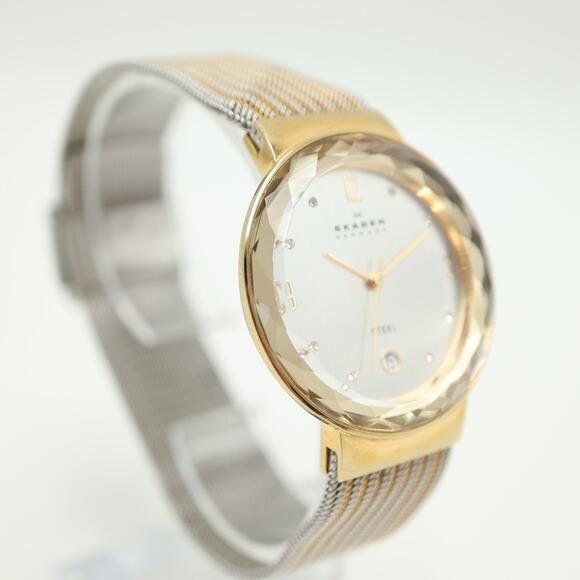 Skagen Slim Two Tone Date 35mm Unisex Watch Steel Mesh Facet Crystal New Battery - Picture 8 of 13